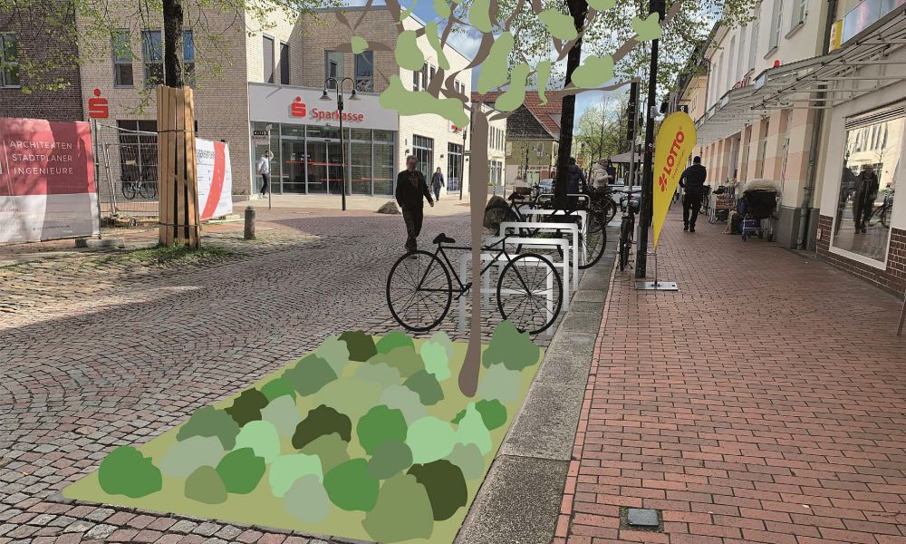 Fotomontage von der Großen Straße in Höhe der neuen Sparkasse. Zu sehen ist ein Stück Grünfläche, das einen Parkplatz ersetzt.